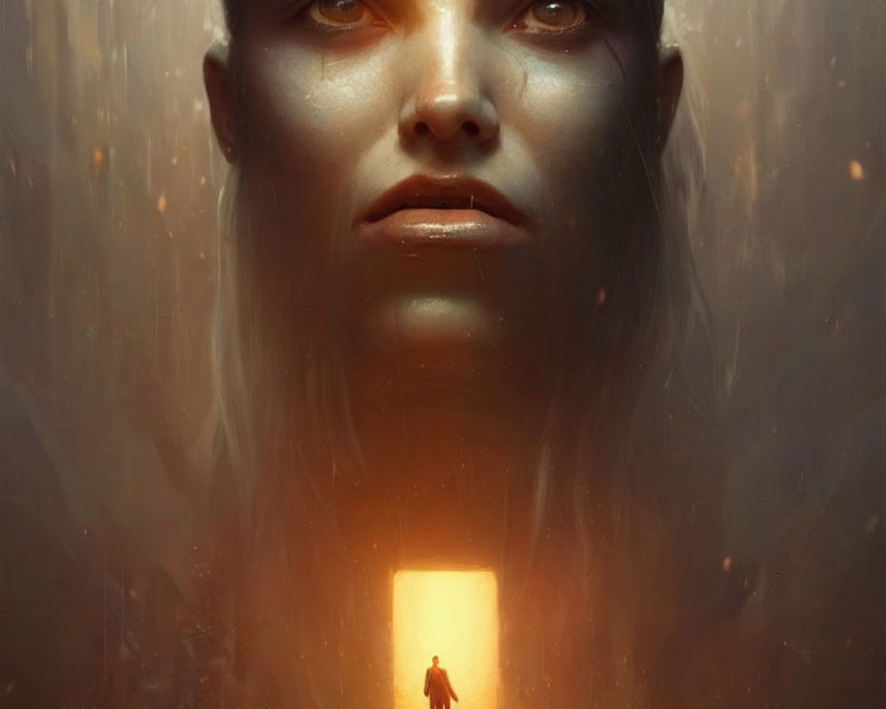 Surreal portrait blending woman's face with mystical scene