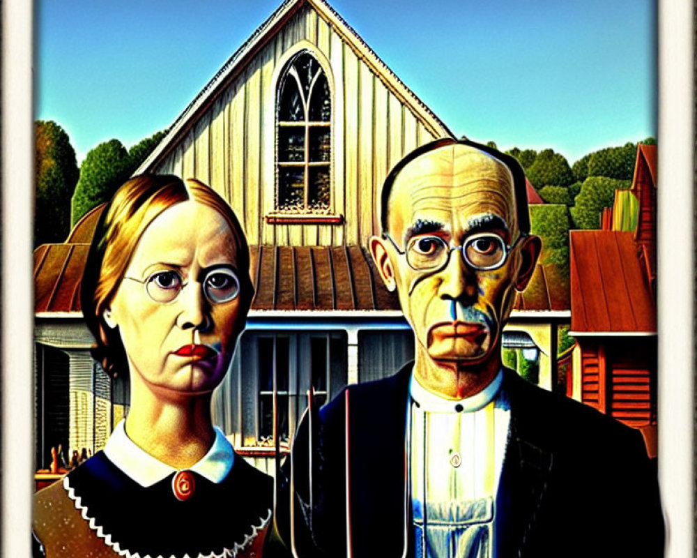 Classic painting of stern-faced couple with pitchfork in front of American Gothic house