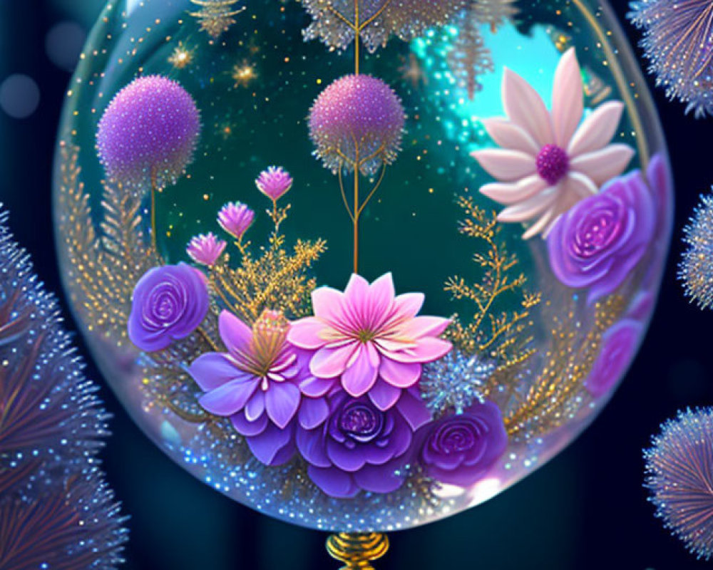 Glass terrarium with glowing fantasy flowers and trees on ornate stand