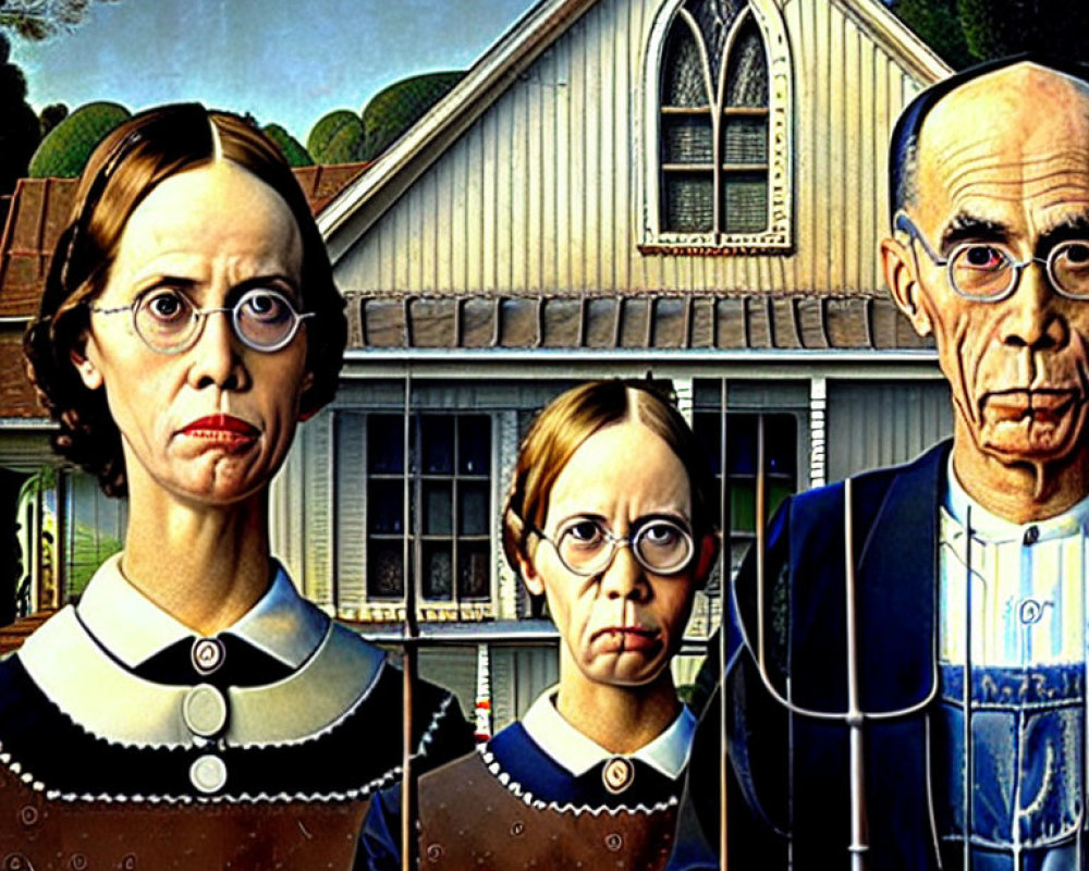 Classic painting of stern farmer, woman, and girl by Gothic house