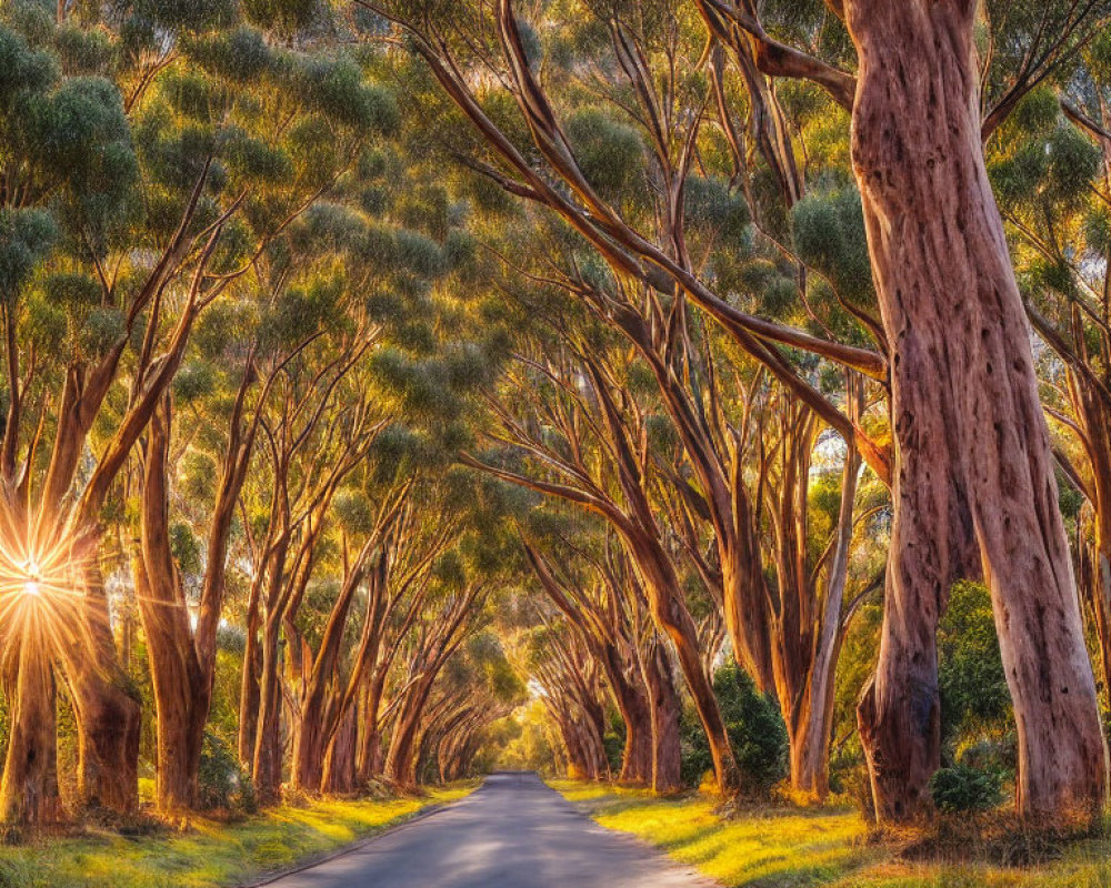 Sunlit Road with Elegant Eucalyptus Trees Creating Serene Tunnel