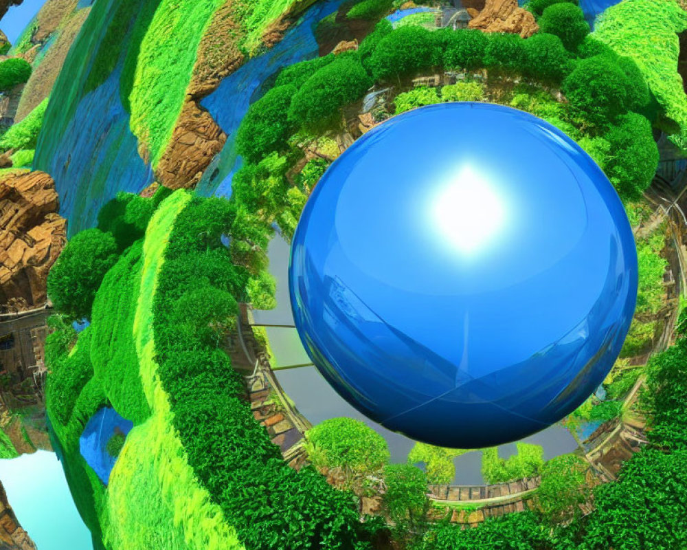 Surreal digital art: vibrant green landscape with glossy blue sphere