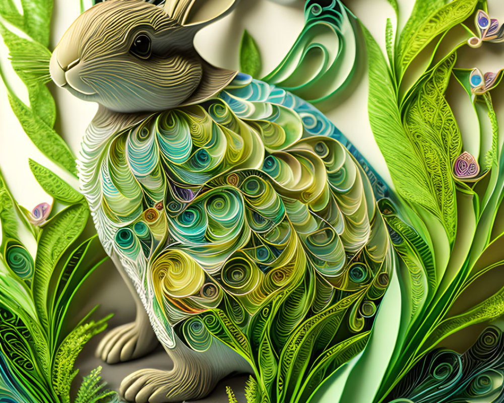 Colorful paper quilling rabbit surrounded by intricate foliage and flowers