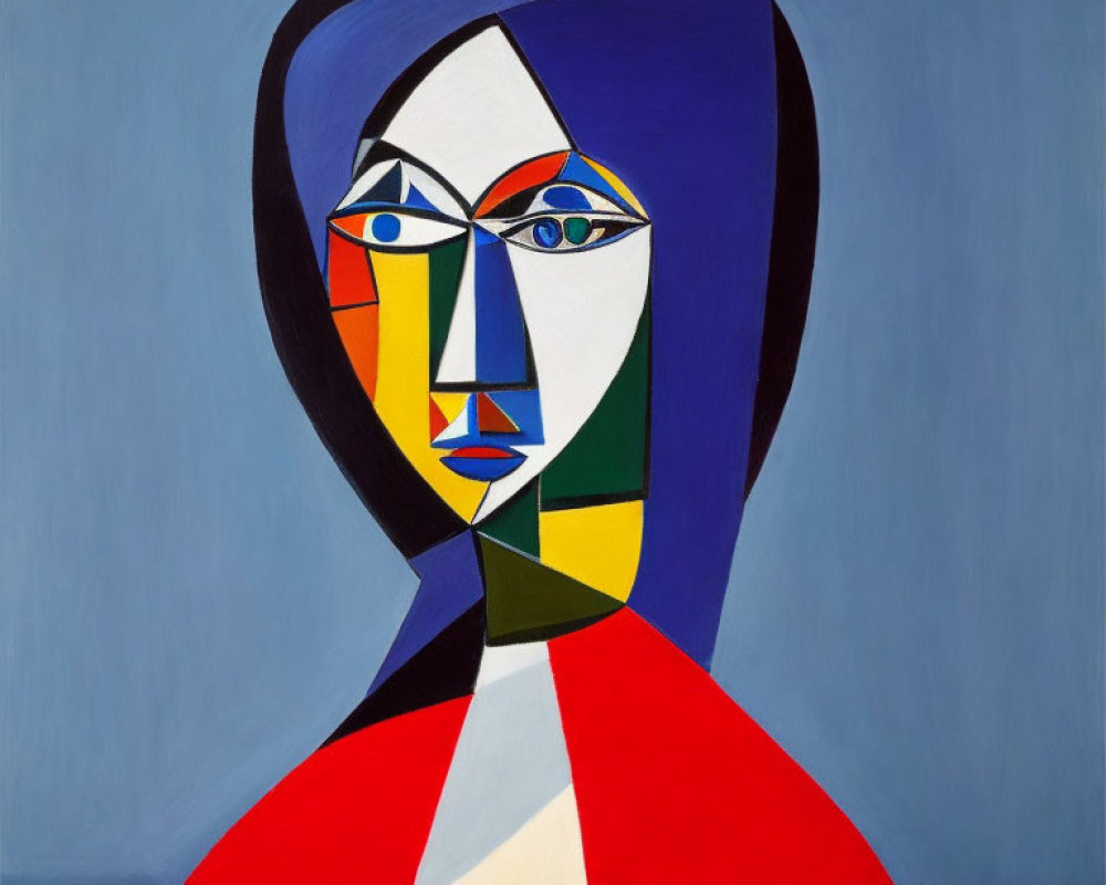 Abstract geometric portrait of a woman with divided face in bold shapes and contrasting colors against blue background