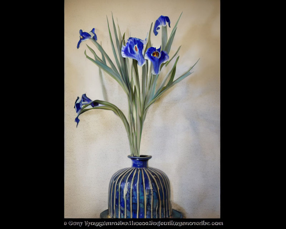 Blue and White Vase with Blue Irises on Textured Beige Wall