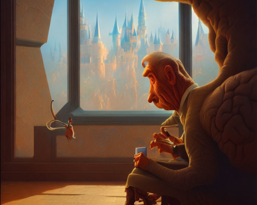 Elderly animated figure admires castle through sunlit window