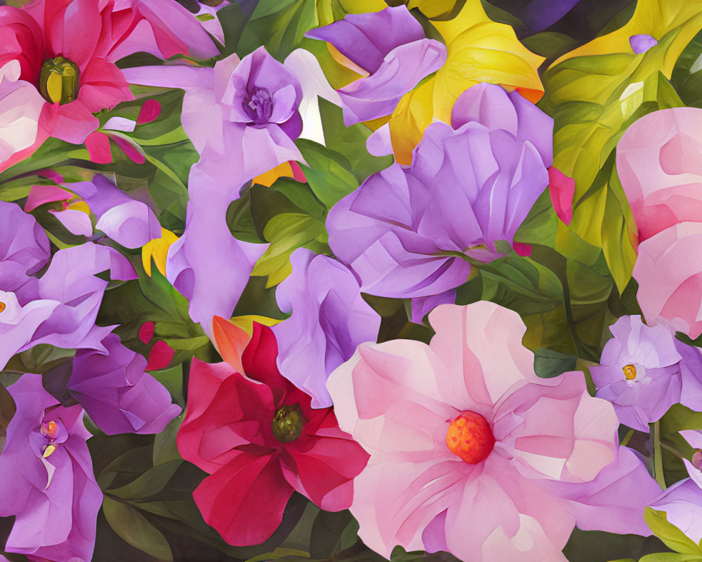 Colorful Flower Painting with Pink, Purple, Red, and Yellow Blooms