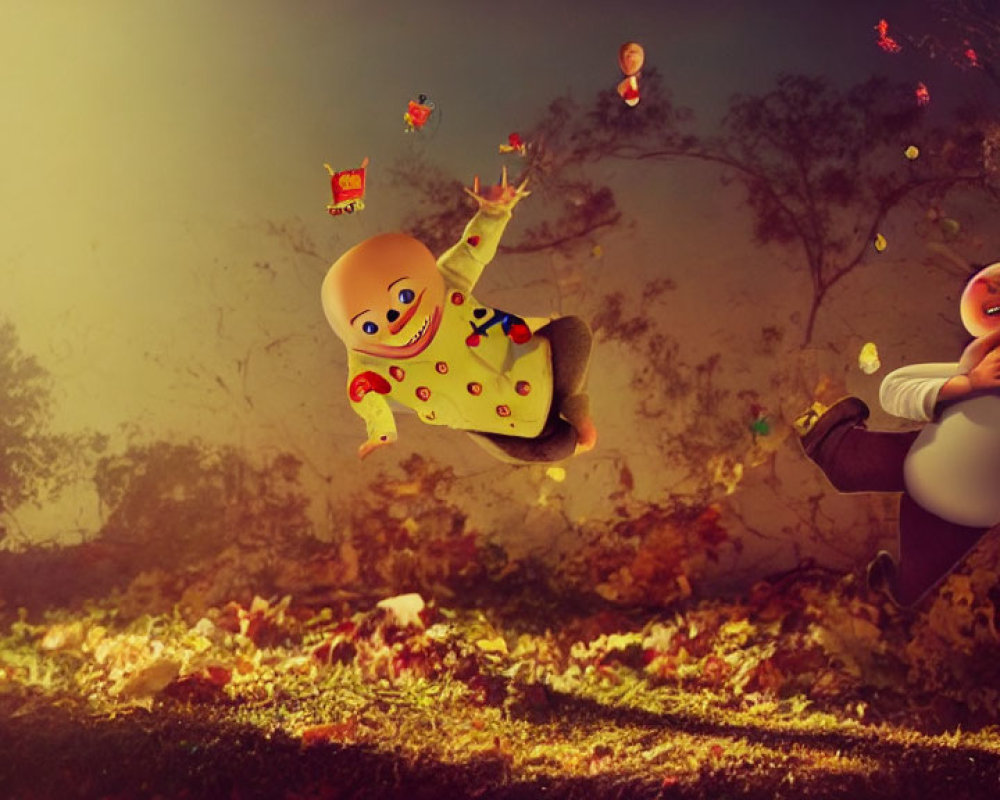 Whimsical floating babies in clown and white costumes with autumn leaves and candy