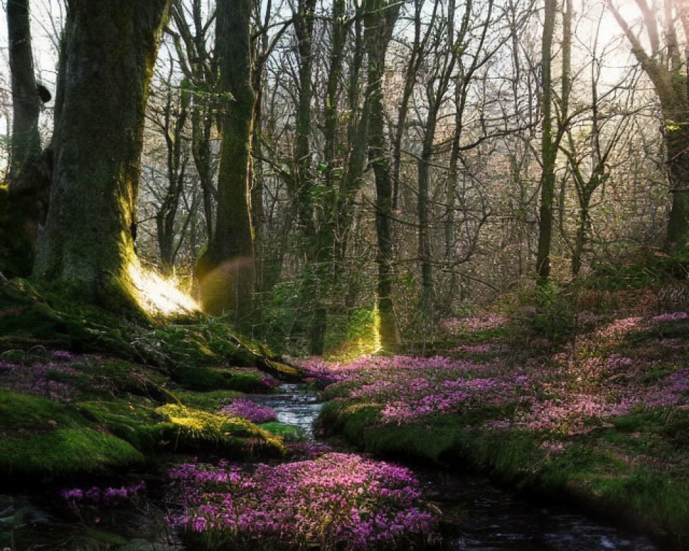 Tranquil forest landscape with sunlight, purple flowers, and stream