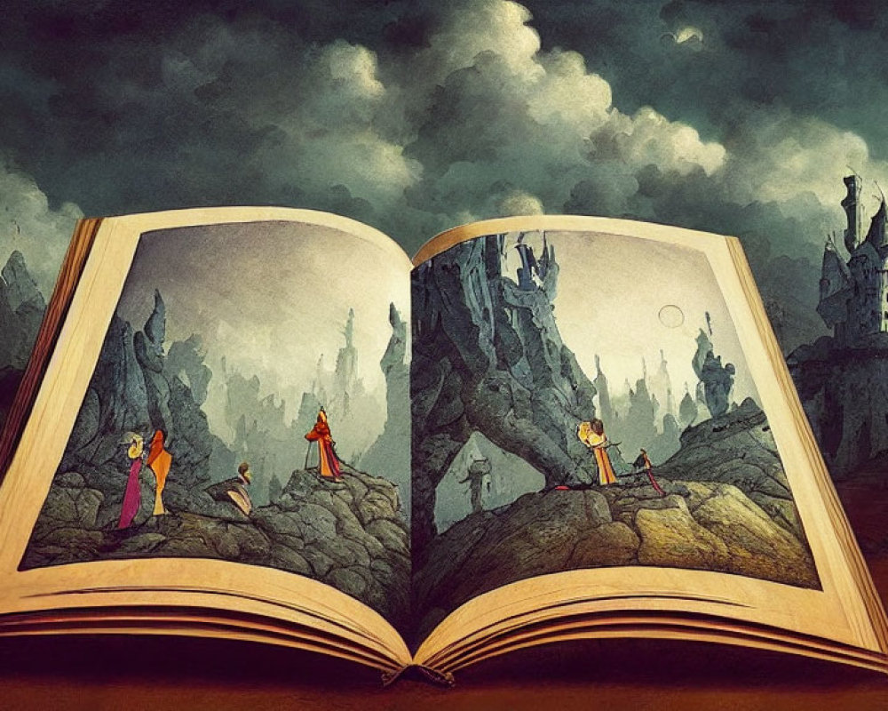 Illustrated fantasy landscape in an open book with characters, castles, and gloomy sky