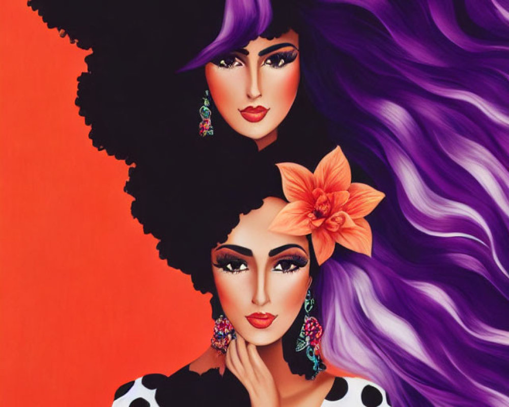 Two stylized women with exaggerated features and vibrant makeup on a red background.