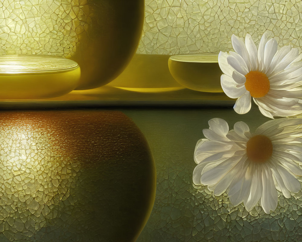 White Daisy and Gold Plates in Serene Digital Art