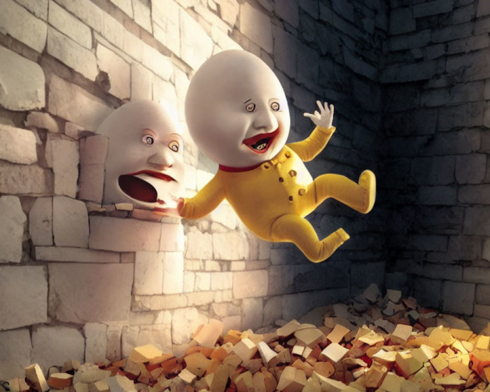 Surprised egg character leaping from wall into broken eggs pile