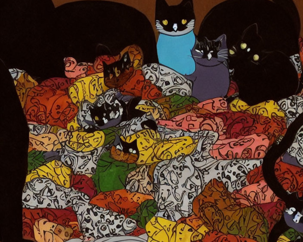 Colorful Patchwork Fabric Featuring Expressive Cat Faces