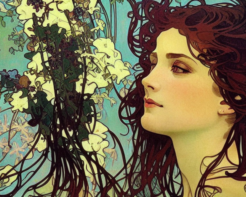 Art Nouveau Woman Illustration with Red Hair and Flowers