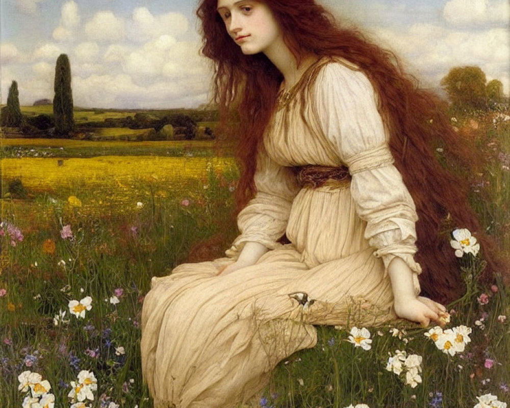 Pre-Raphaelite-style painting of woman with long red hair in meadow.