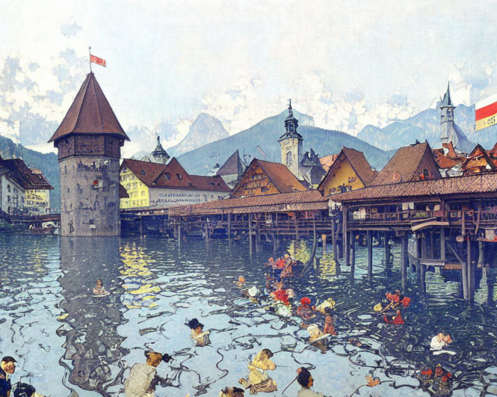 Vintage-style illustration of Chapel Bridge and Water Tower in Lucerne, Switzerland with swans and mountains.