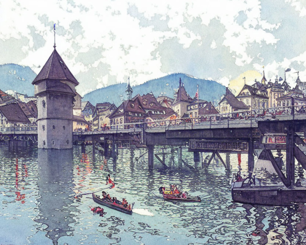 Historic wooden bridge watercolor with tower, rowboats, and old buildings.