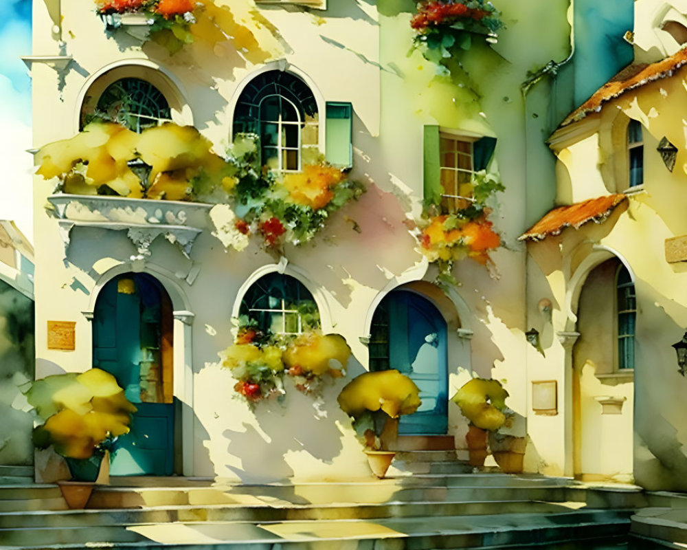 Vibrant European-style building with flowered balconies by a canal, featuring a floating pizza.