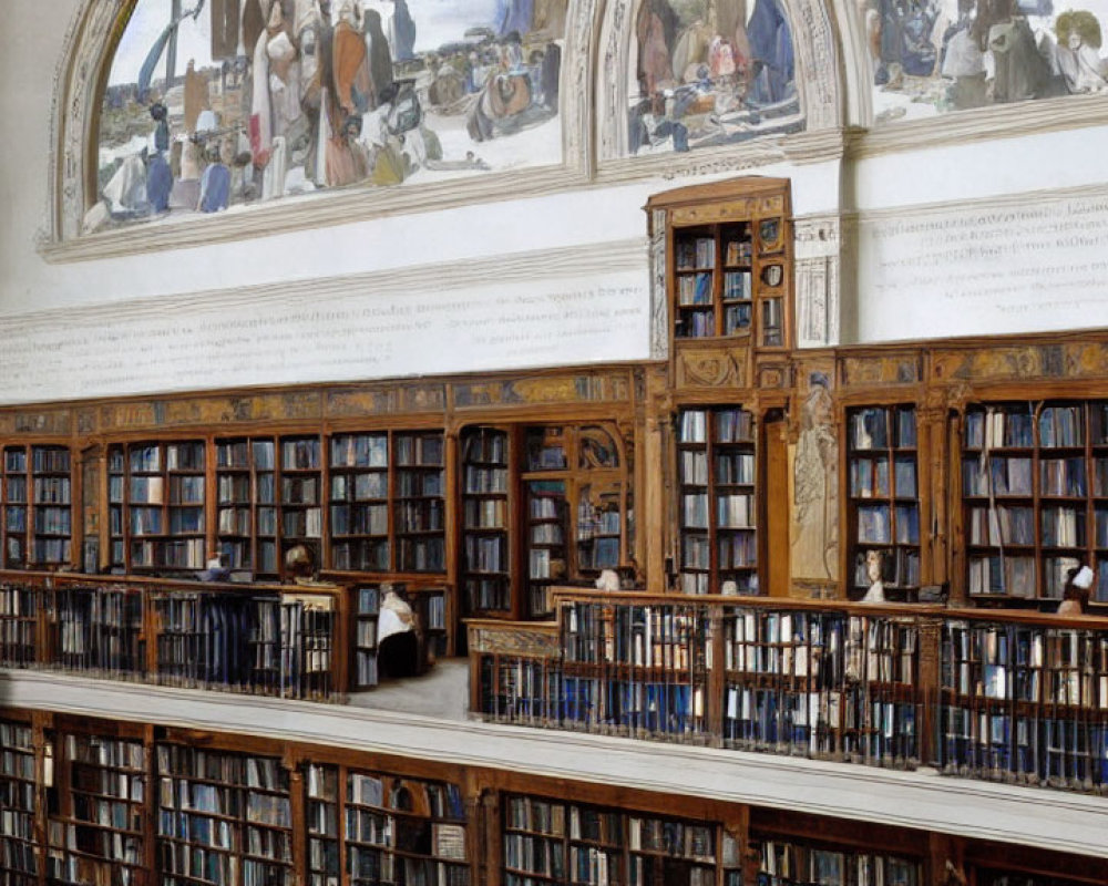 Ornate library with wooden bookshelves and patrons reading