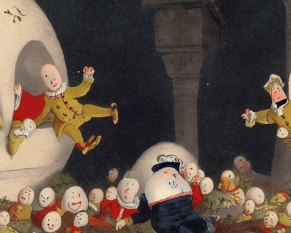 Anthropomorphic egg characters in whimsical illustration evoking "Humpty Dumpty" nursery rhyme