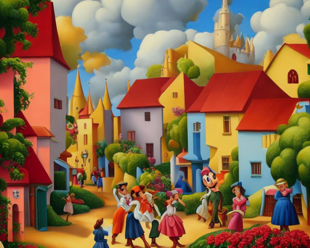 Colorful village painting with traditional clothing dancers