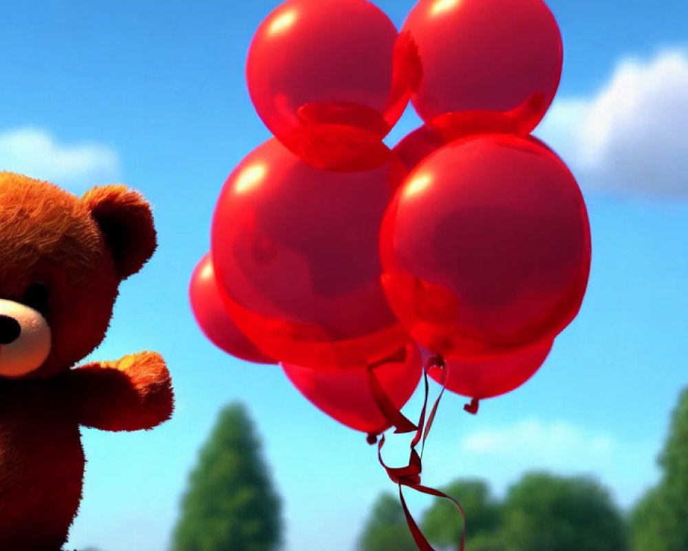 Plush teddy bear with red balloons on wooden surface under blue sky