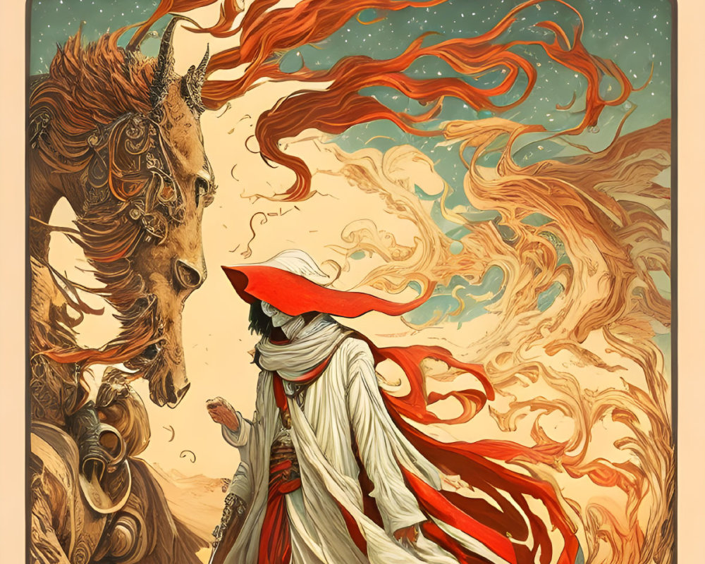 Stylized poster with person in red cloak and ornate goat creature