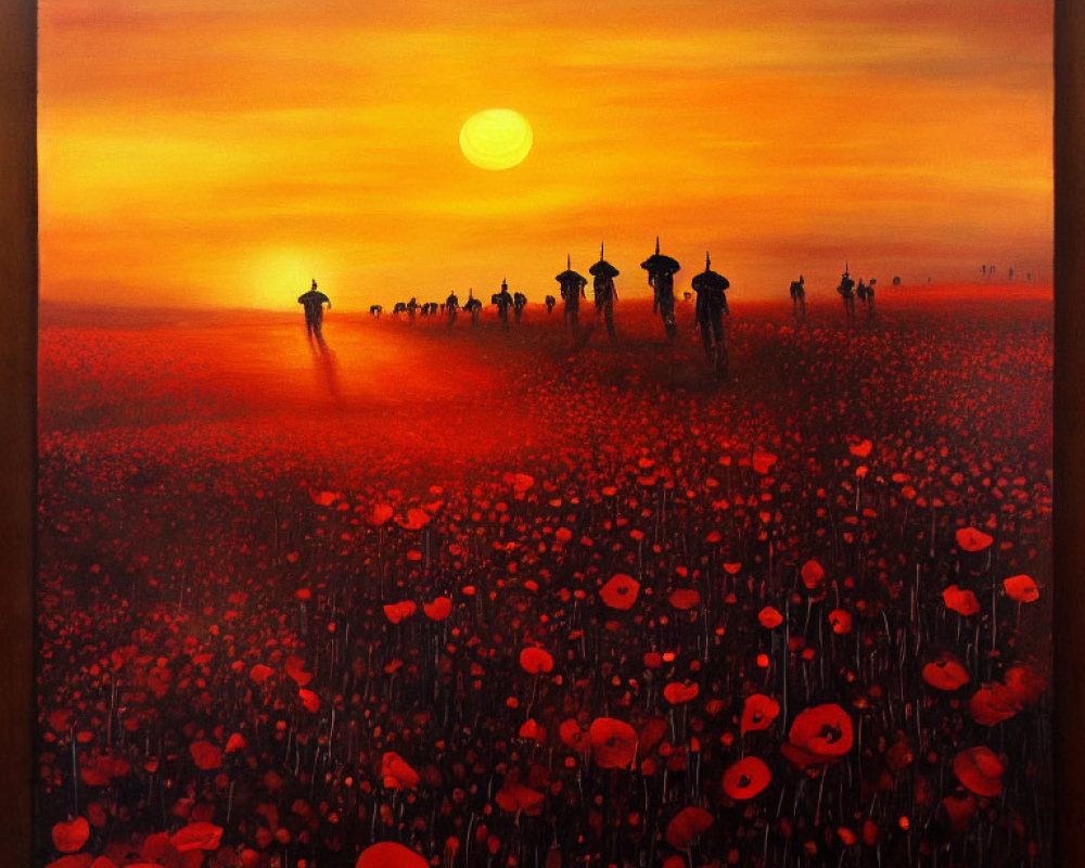 Colorful sunset painting with silhouetted figures in red poppy field