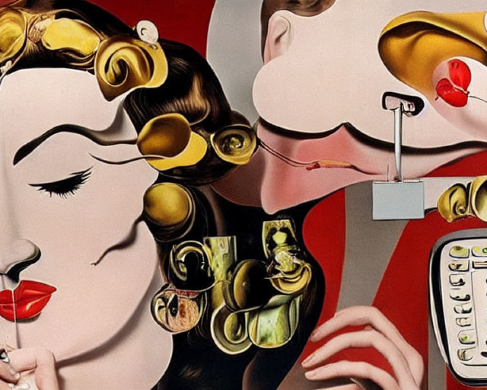 Surreal painting: Two female figures, one with rotary phone curlers, the other with cellphone