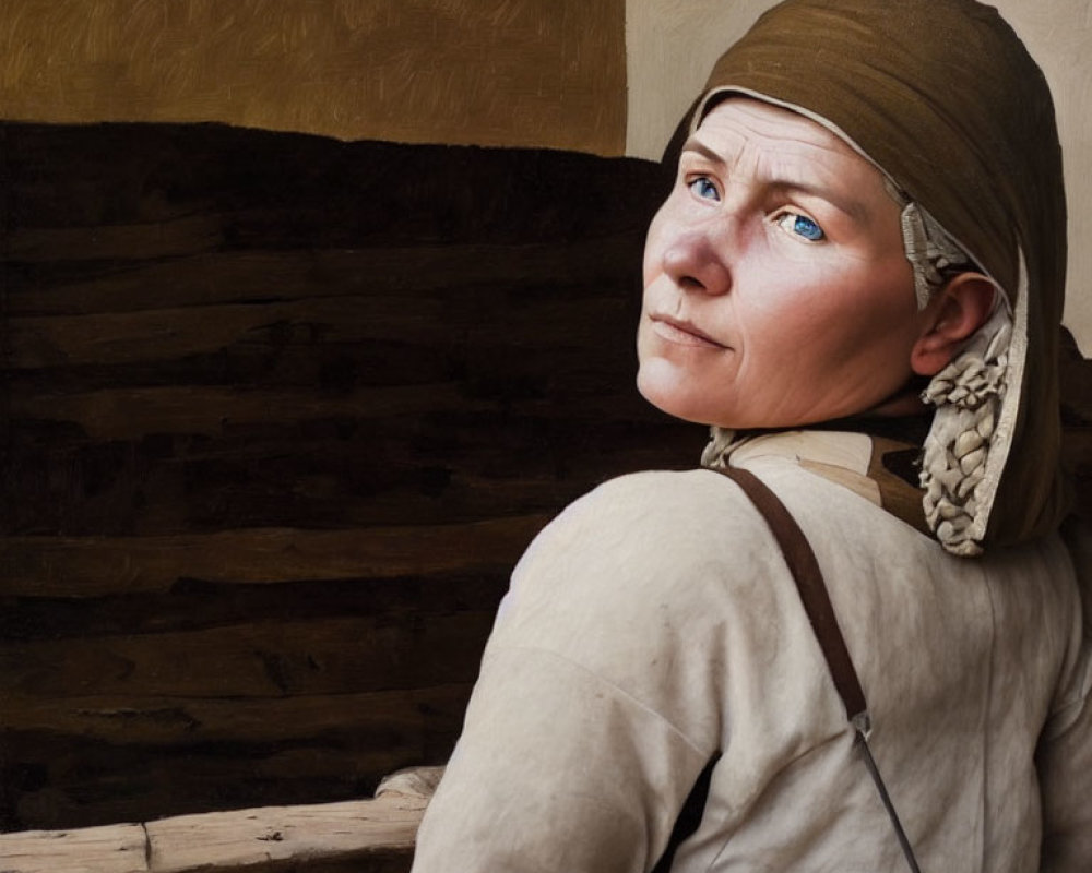 Historical peasant woman in contemplative pose against wooden backdrop