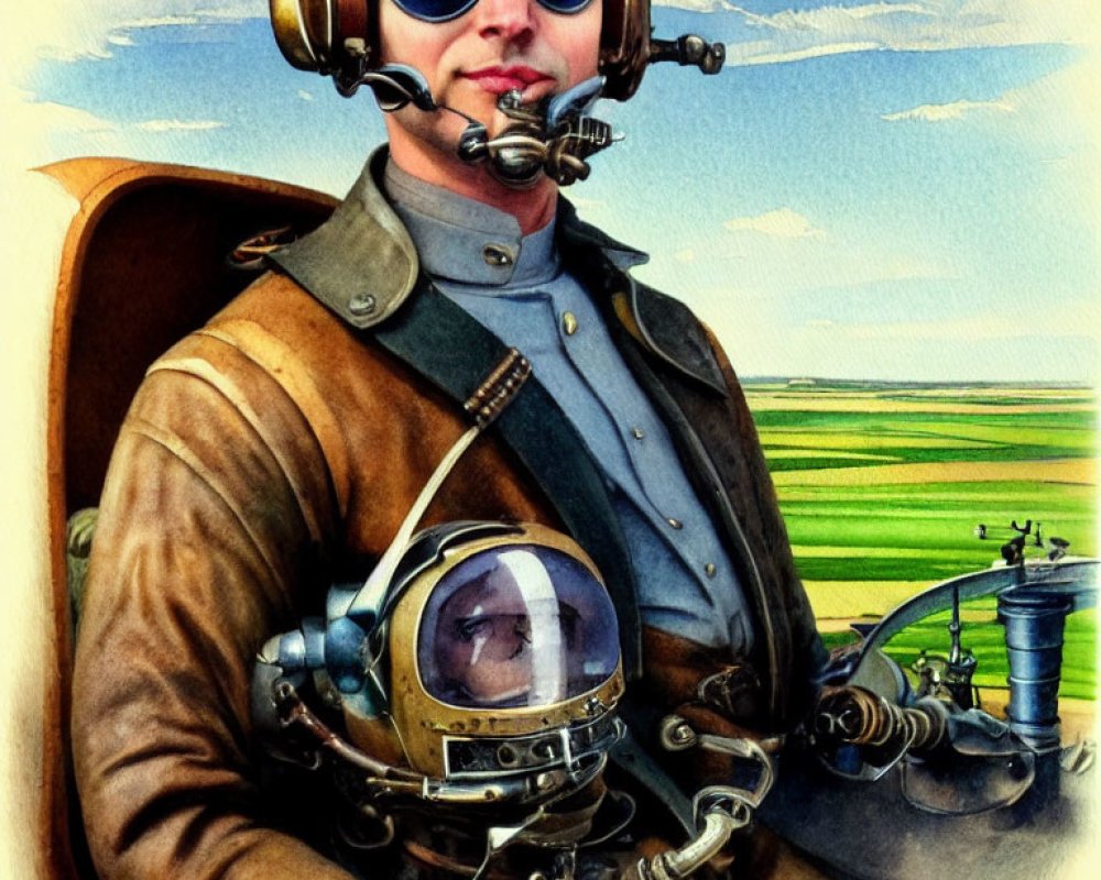 Vintage pilot in leather flight jacket, helmet, and goggles in green field and blue sky.