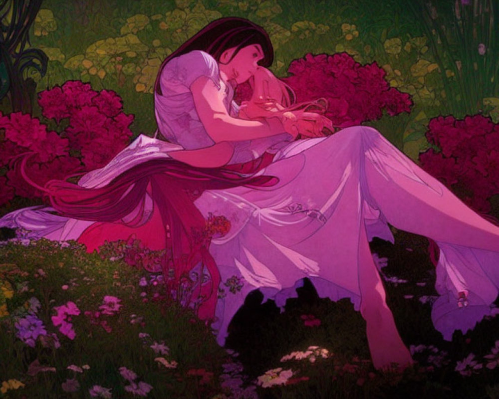 Animated characters embrace in floral setting with candles and greenery