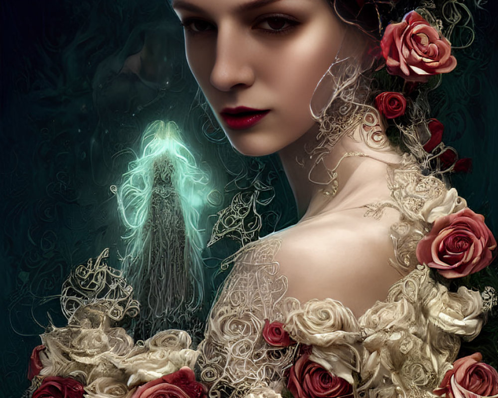 Surreal portrait of woman with red roses and jellyfish on dark background