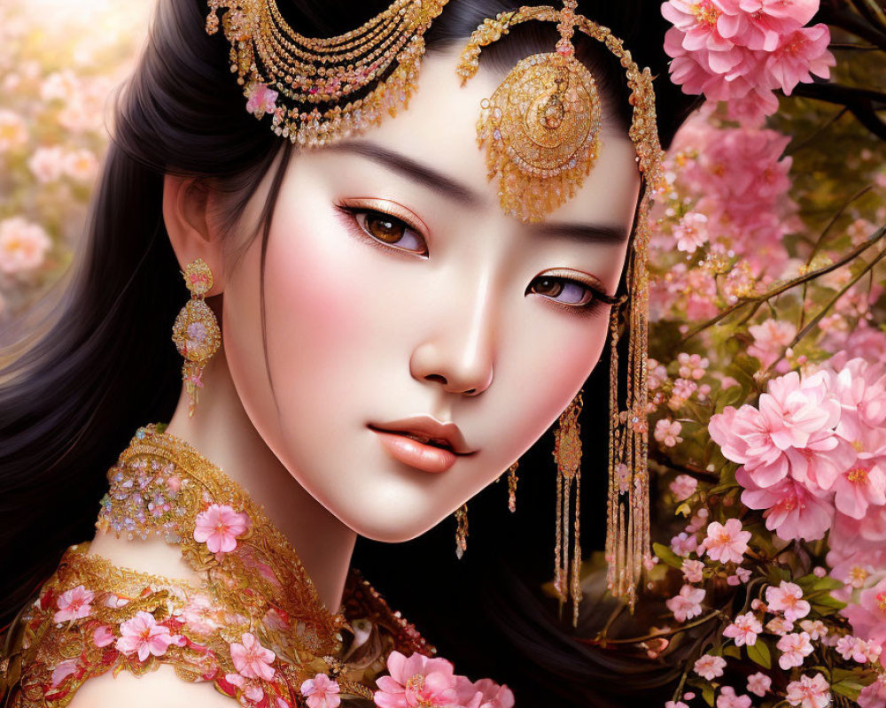 Woman adorned with gold jewelry in pink cherry blossom setting