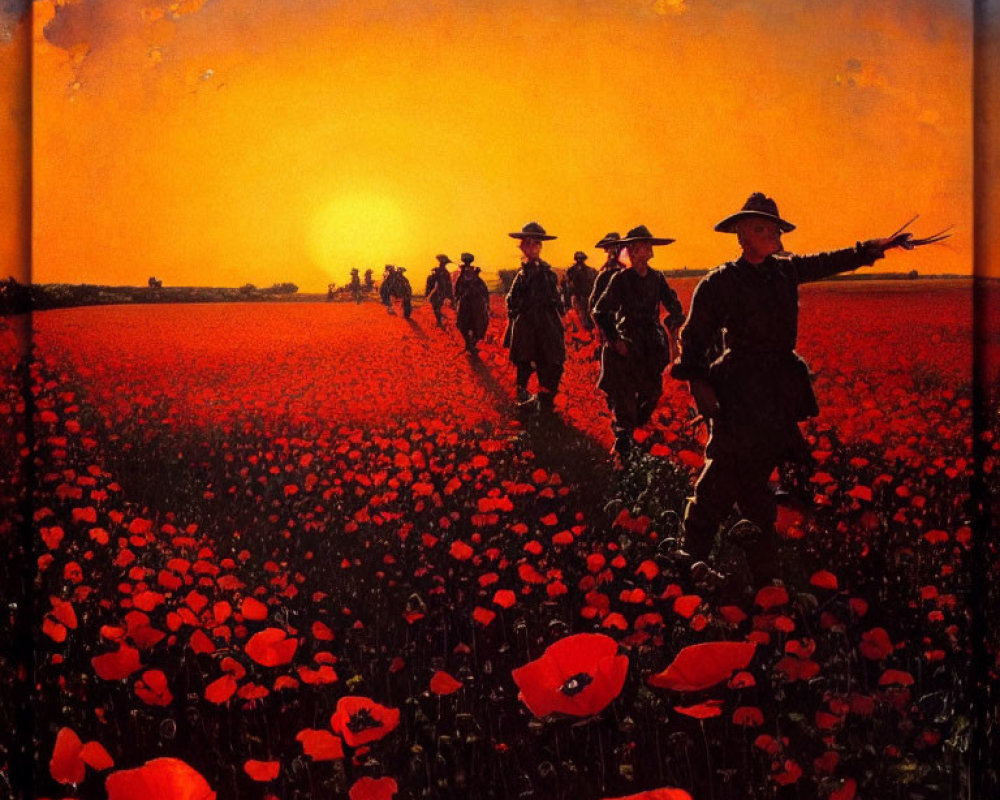 Vivid red poppy field at sunset with people walking and pointing