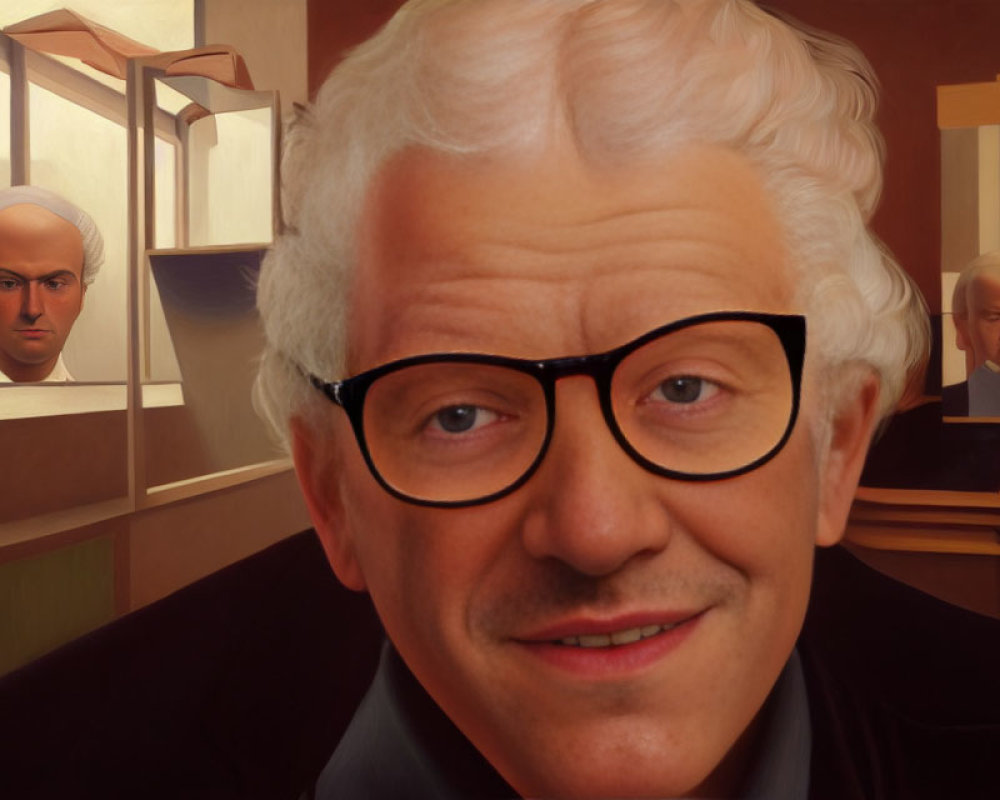 Elderly Man with White Hair and Glasses Surrounded by Portraits