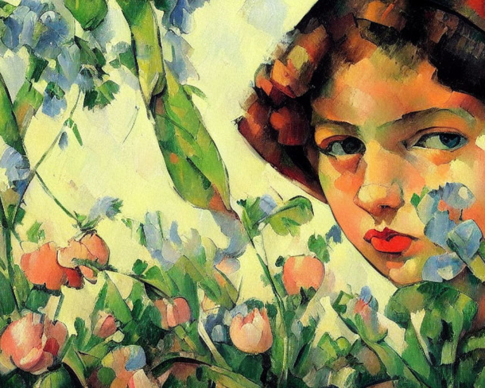 Young woman portrait surrounded by vibrant flowers and greenery in bold brushstrokes