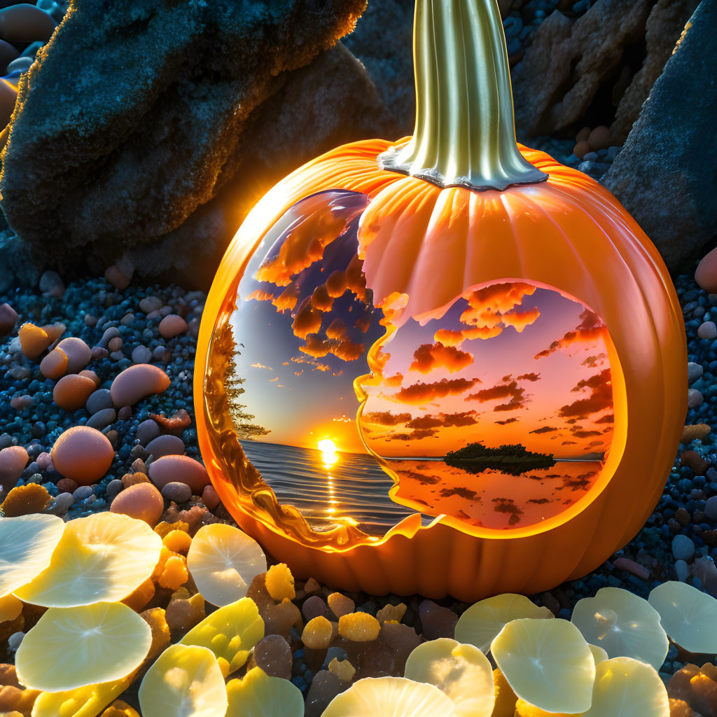 Glass pumpkin in sunset reflection by tranquil sea with rocks and flowers.