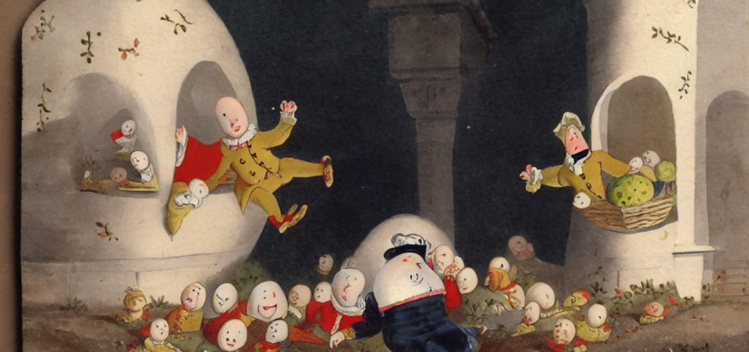 Anthropomorphic egg characters in whimsical illustration evoking "Humpty Dumpty" nursery rhyme