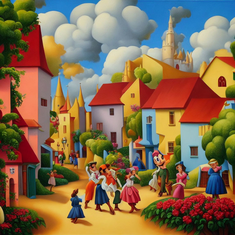 Colorful village painting with traditional clothing dancers