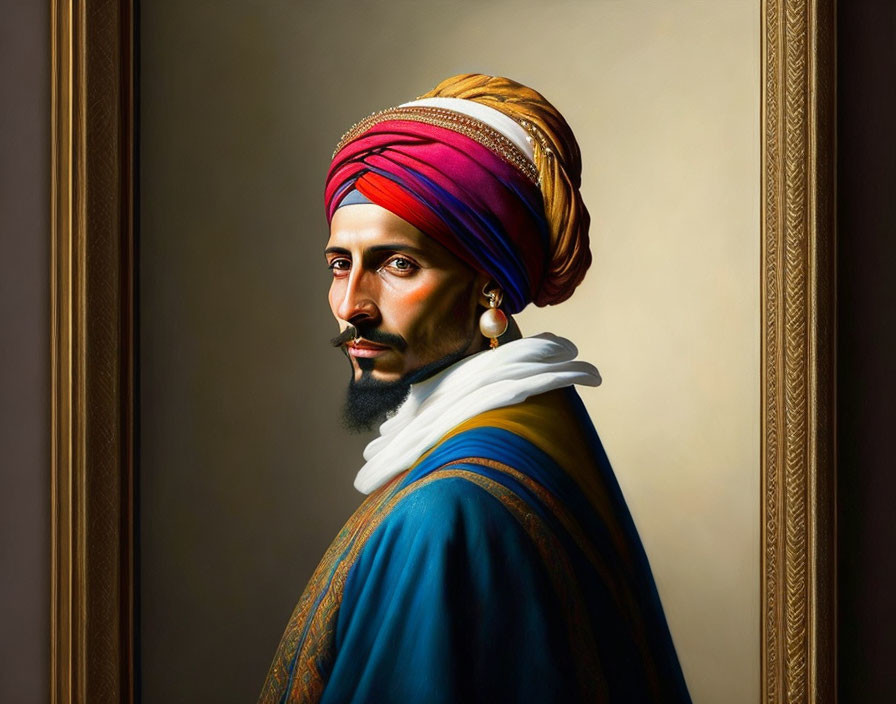 Vibrant portrait of a bearded man in colorful turban and cloak