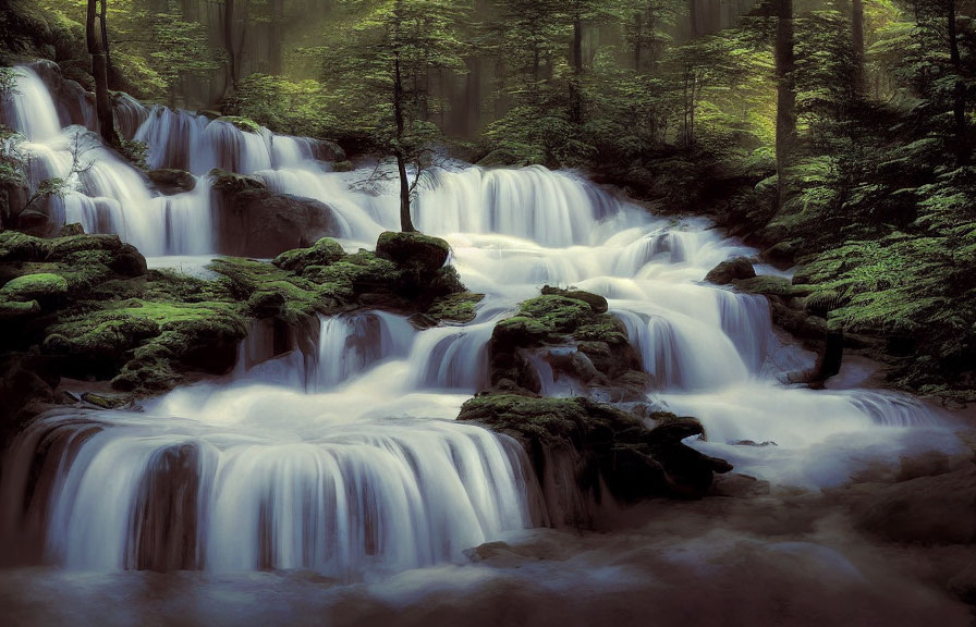 Tranquil forest waterfall with moss-covered rocks