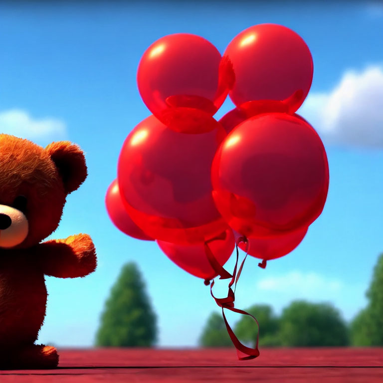 Plush teddy bear with red balloons on wooden surface under blue sky