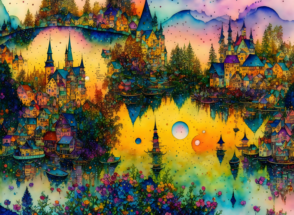 Colorful illustration: Whimsical village with houses and castles by a serene lake at sunset