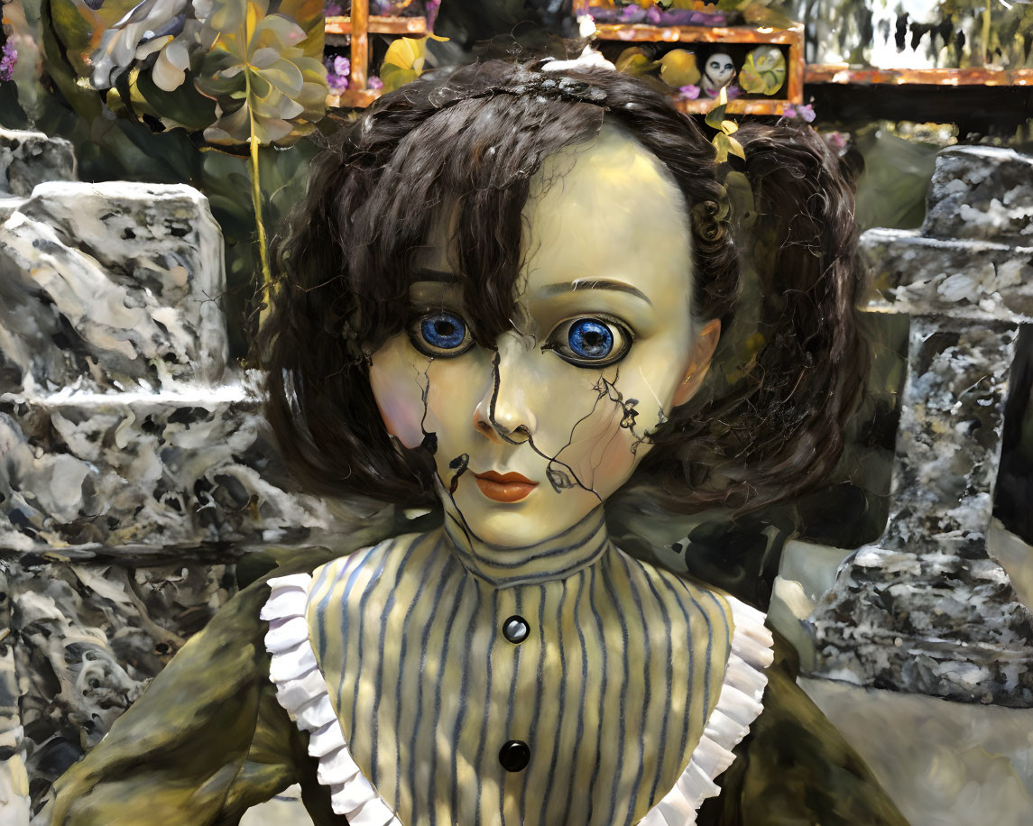 Surreal doll-like figure with cracked porcelain face on colorful background