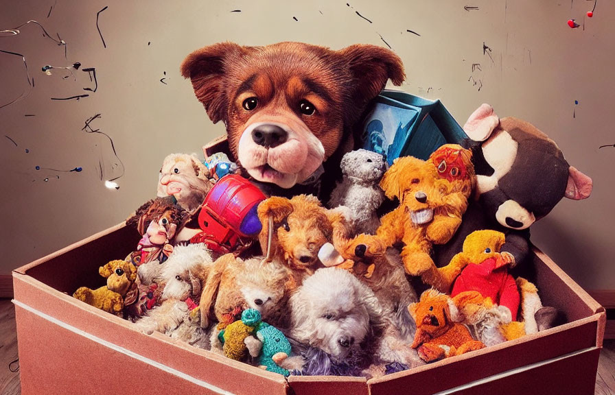 Plush bear with stuffed animals and real dog amidst confetti