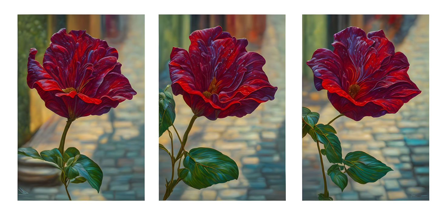 Stylized red flower with dark striations on cobblestone and window background