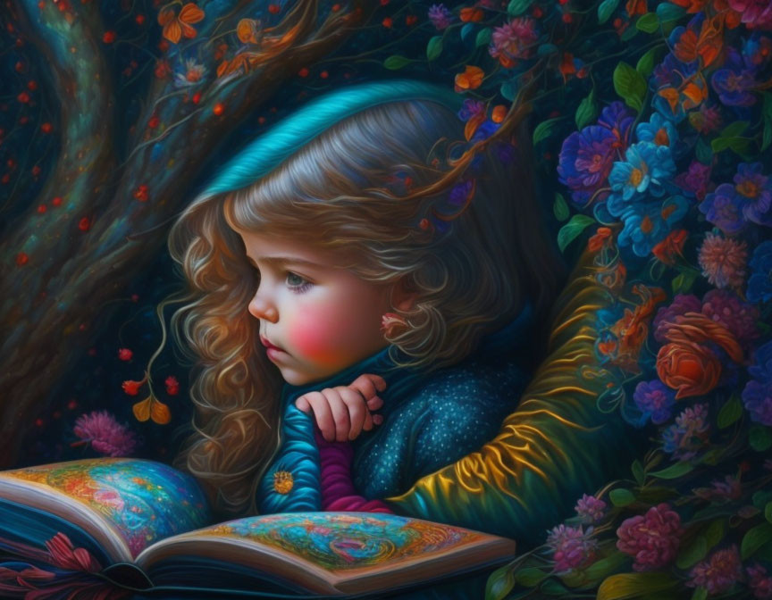 Young girl reading book in vibrant floral dream setting