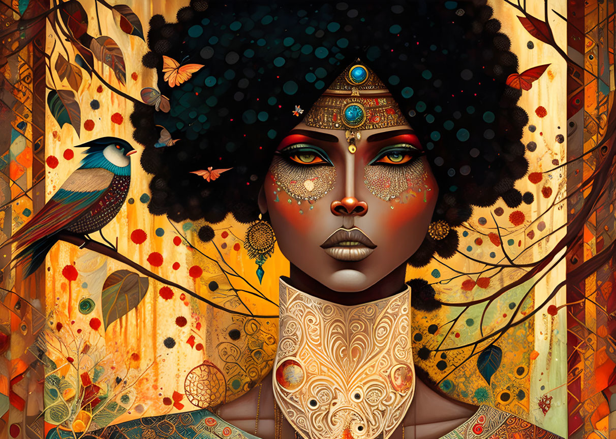 Illustrated portrait of woman with afro, golden jewelry, facial markings, autumn leaves, and bird